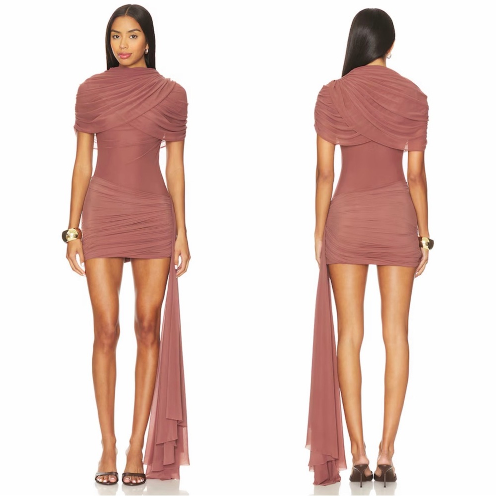 Draped One-Shoulder Ruched Mini Dress in Dusty Mauve
